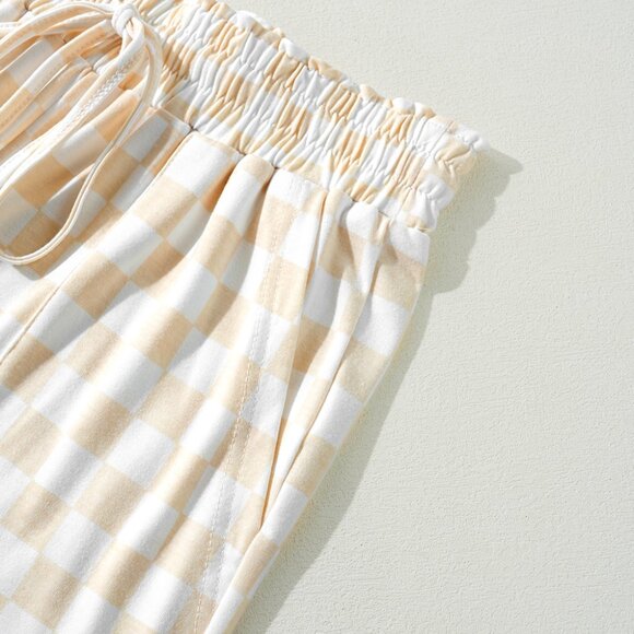 Beige Checkered Print Long Sleeve Top and Pants Lounge Set - Picture 10 of 13